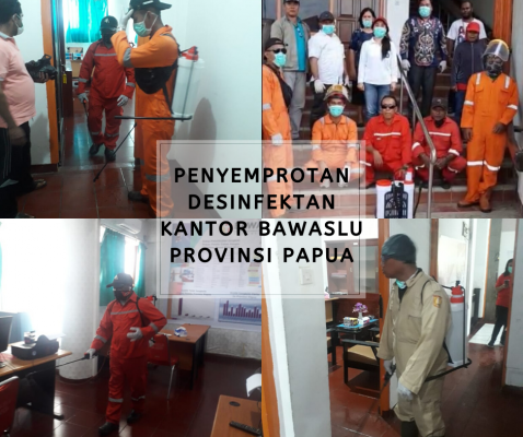 CEGAH KORONA (COVID-19), KANTOR BAWASLU PAPUA DISEMPROT DESINFEKTAN 