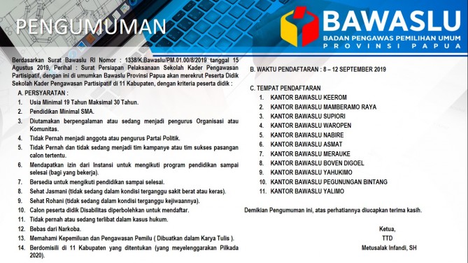 PENGUMUMAN REKRUTMEN PESERTA DIDIK SEKOLAH KADER PENGAWASAN PARTISIPATIF