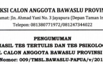 Pengumuman Tes Tertulis dan Psikologi Calon anggota Bawaslu Papua 